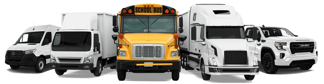 Image of a van, small truck, a school bus, a big truck and a pick up