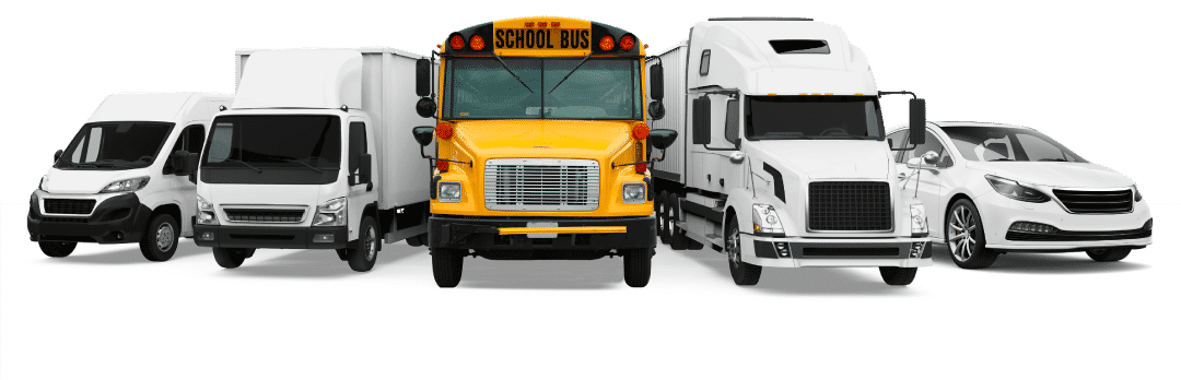 image of a van, a small truck, a school bus, a big truck and a auto